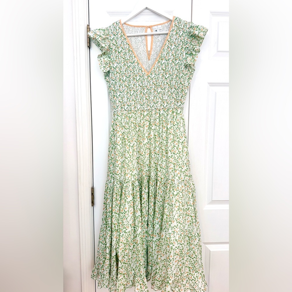 Green, White & Orange Flutter Sleeve Smocked Midi Dress
